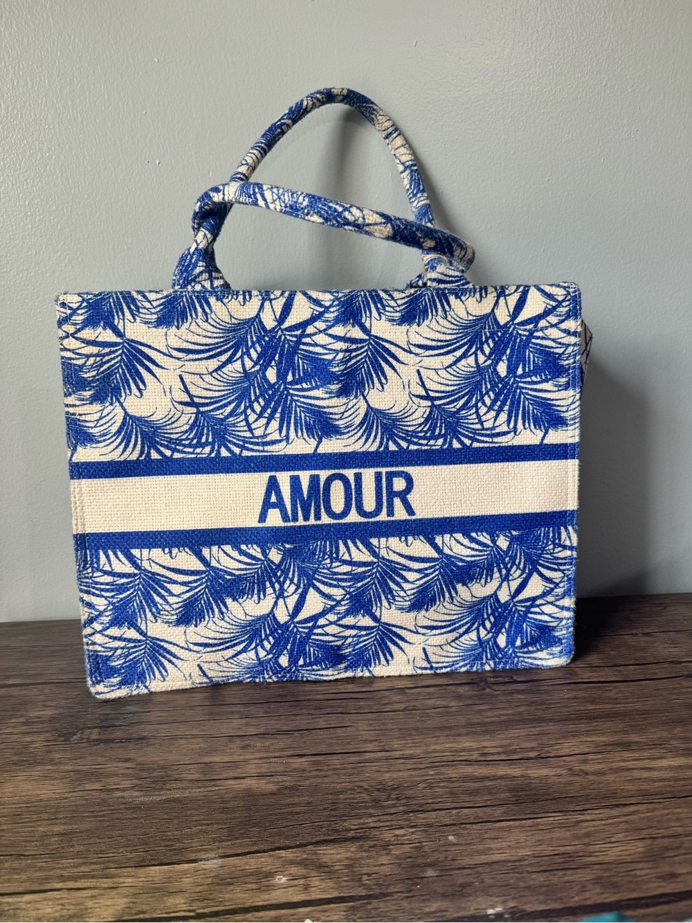 Amour Canvas Tote Carry On Vacation Travel Bag in Blue and White